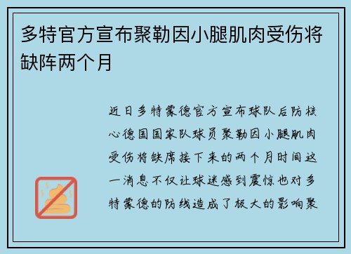 多特官方宣布聚勒因小腿肌肉受伤将缺阵两个月 多特官方宣布聚勒因小腿肌肉受伤将缺阵两个月