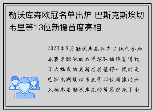 勒沃库森欧冠名单出炉 巴斯克斯埃切韦里等13位新援首度亮相